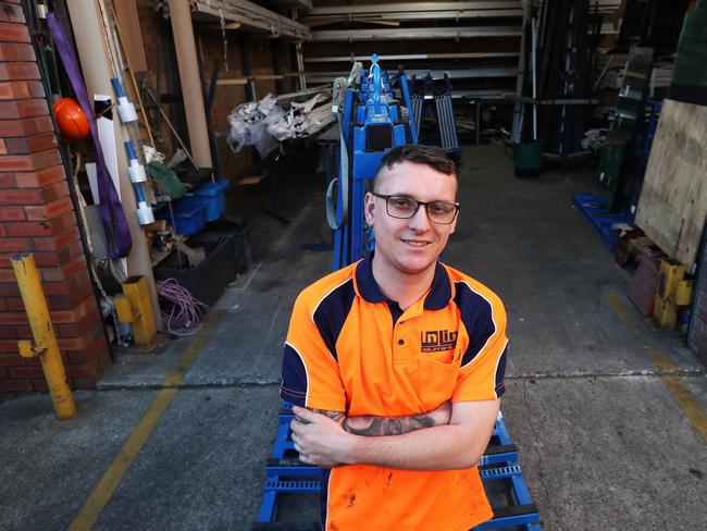 10/9/19: Ethan Gersbach, shop fitting apprentice at a factory in Milperra. John Feder/The Australian.