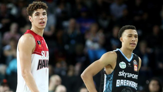 The Hawks’ Lamelo Ball (left) and the Breakers’ RJ Hampton have been money spinners for the NBL. Picture: Getty Images