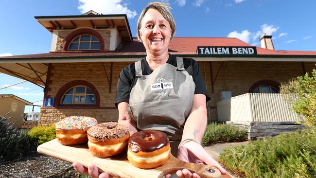 Deb Gower, owner of the Tailem Bend Bakery, in front of the train station. Picture: Tait Schmaal