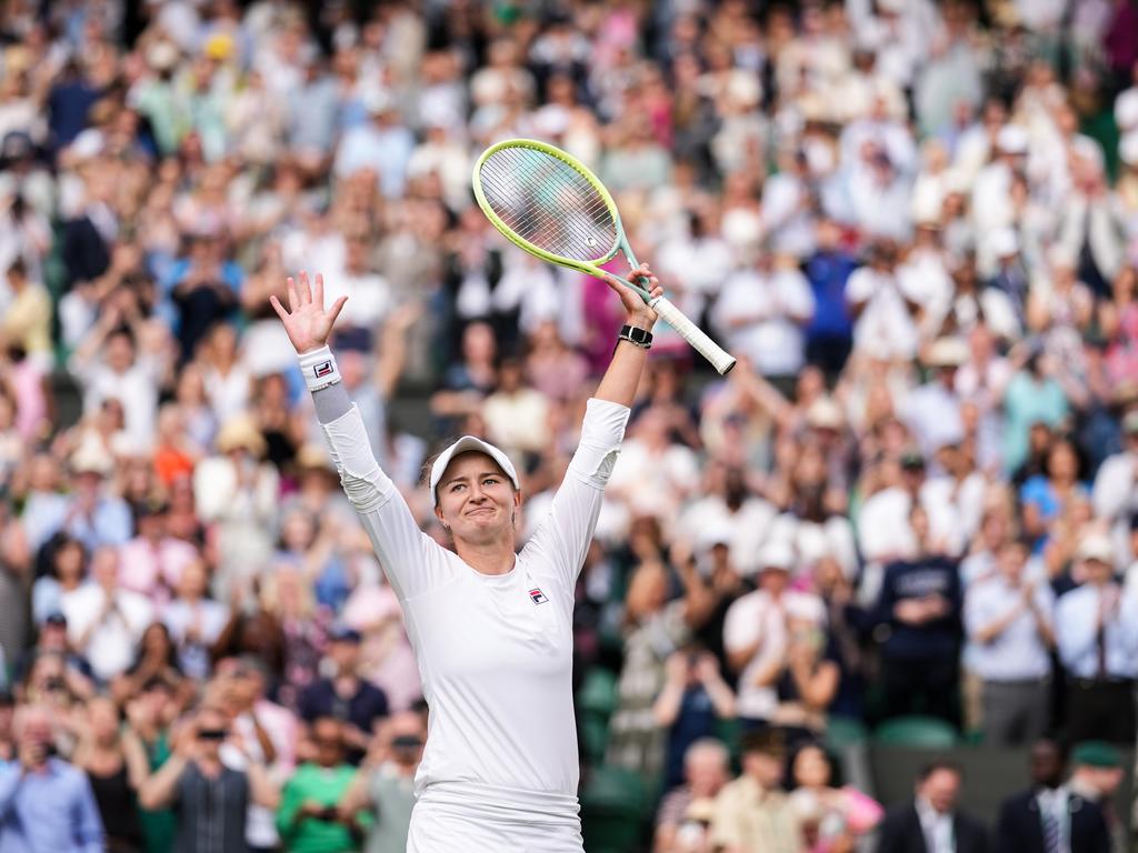 Czech Republic’s Barbora Krejcikova celebrates the victory Elena Rybakina in the Wimbledon semi-finals. Picture: Shi Tang/Getty Images