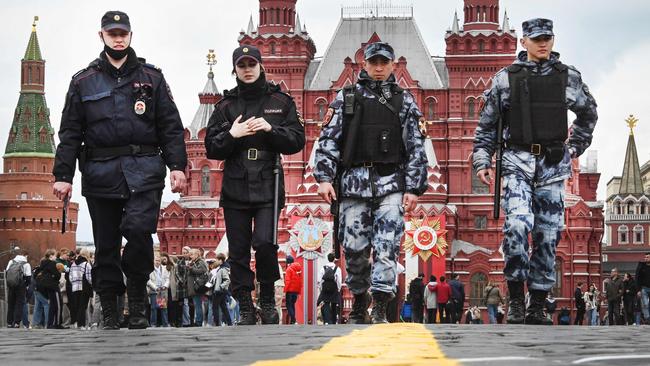 Russian police patrol Red Square in Moscow on April 26ahead of the 77th anniversary of the victory over Nazi Germany during World War II.