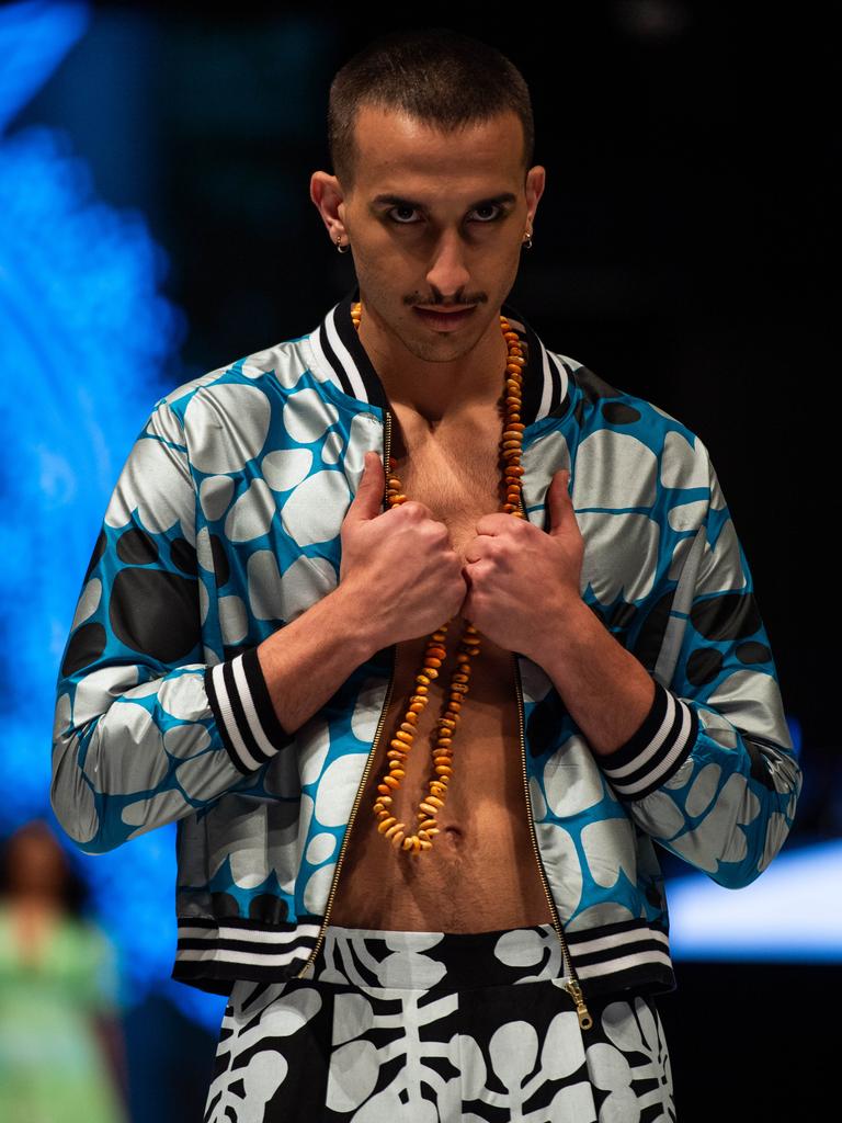 Lucas Schober at the 2024 Country to Couture at the Darwin Convention Centre showcases hand-designed First Nations fashion. Picture: Pema Tamang Pakhrin