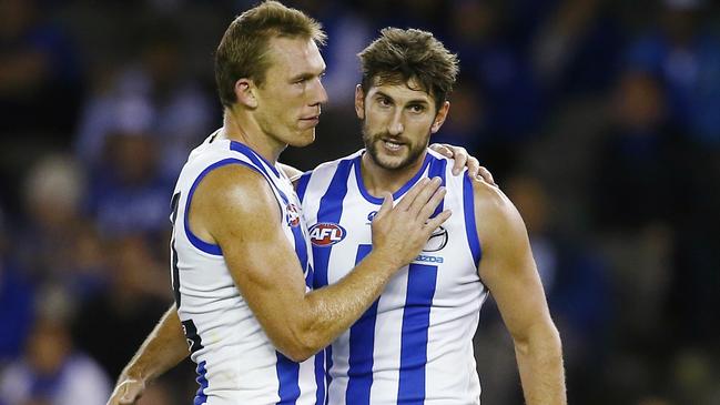 AFL Round 2. North Melbourne vs Brisbane Lions at Etihad Stadium. Drew Petrie congratulates Jarrad Waite after goal number 7 . Pic: Michael Klein. Sunday April 12, 2014.