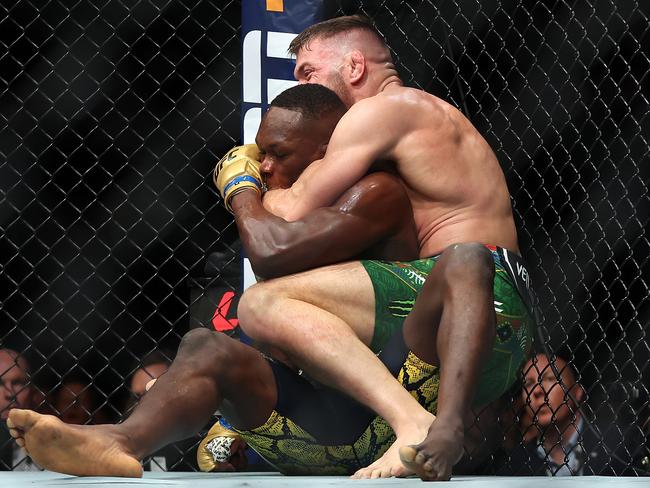 Adesanya tapped out to Dricus du Plessis in their title fight last August. Picture: Paul Kane/Getty Images