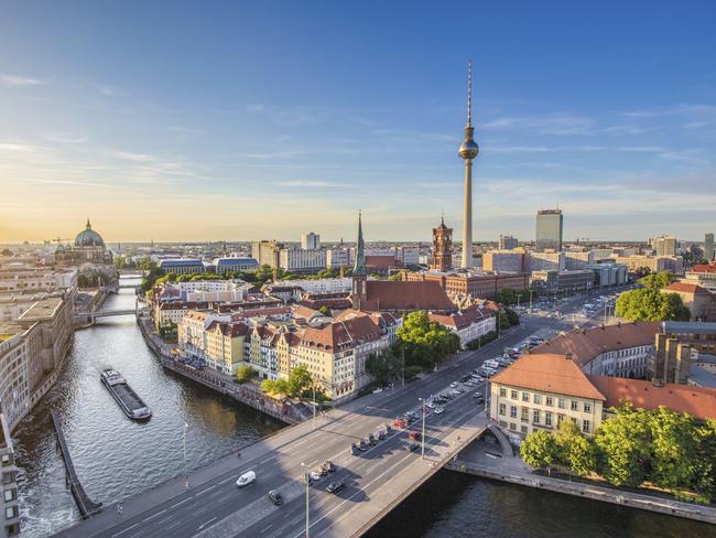 ESCAPE: BERLIN, GERMANY .. Amanda Woods story .. Aerial view of Berlin skyline with famous TV tower and Spree river in beautiful evening light at sunset, Germany. Picture: iStock