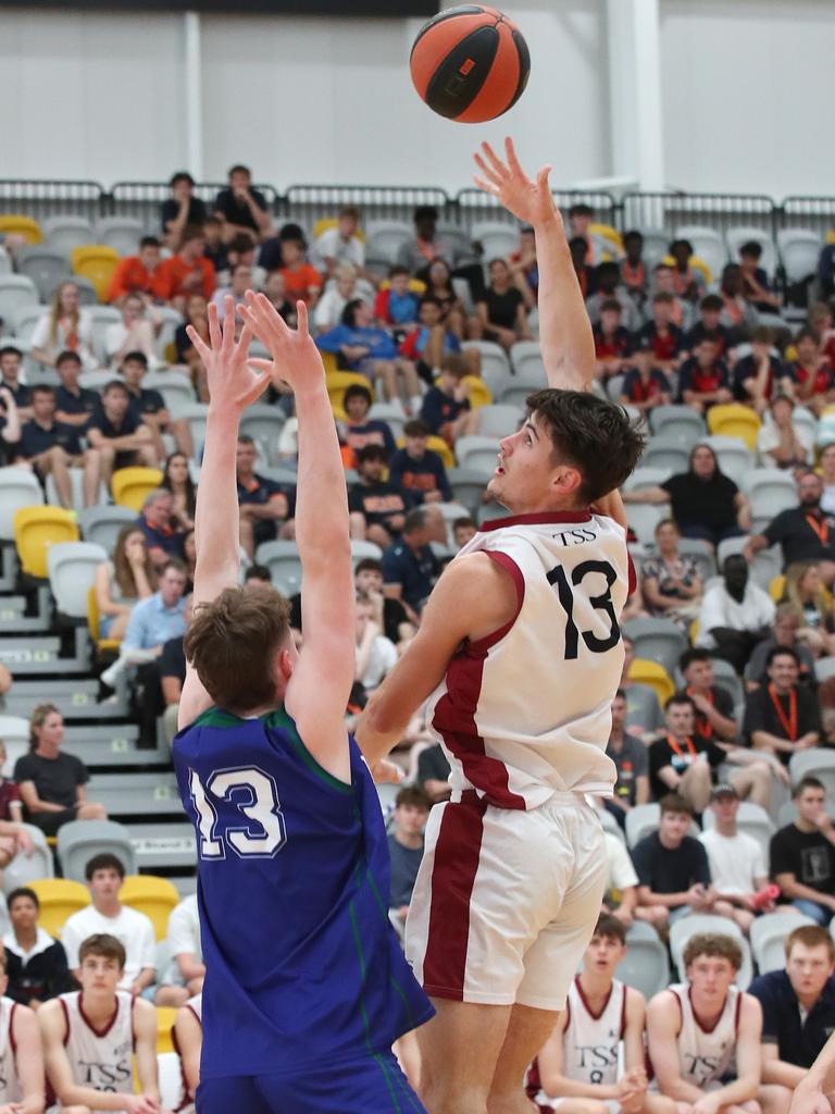 Basketball Australia Schools Championships at Carrara. Mens open final, Lake Ginninderra College Lakers V TSS (in white). Hook shot by Jackson McCabe TSS Picture Glenn Hampson