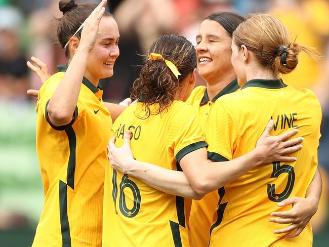 MELBOURNE, AUSTRALIA - NOVEMBER 12: Sam Kerr of the Matildas celebrates after scoring a goal during the International friendly match between the Australia Matildas and Sweden at AAMI Park on November 12, 2022 in Melbourne, Australia. (Photo by Robert Cianflone/Getty Images)