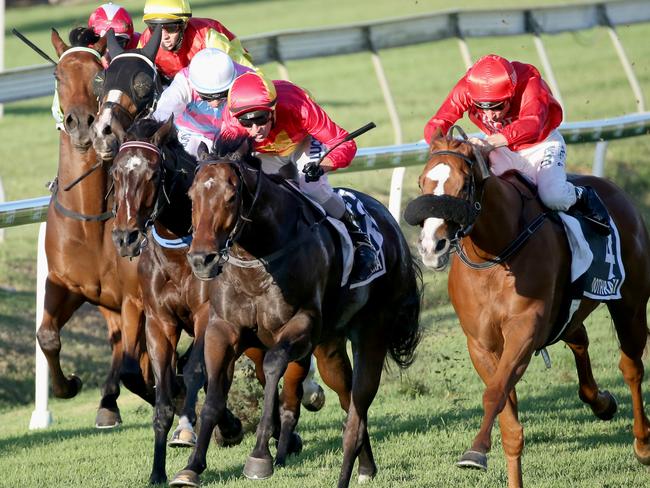 Malaguerra fights off the challenge of Dothraki (right) to win the $500,000 Group 1 BTC Cup. Picture: Jono Searle