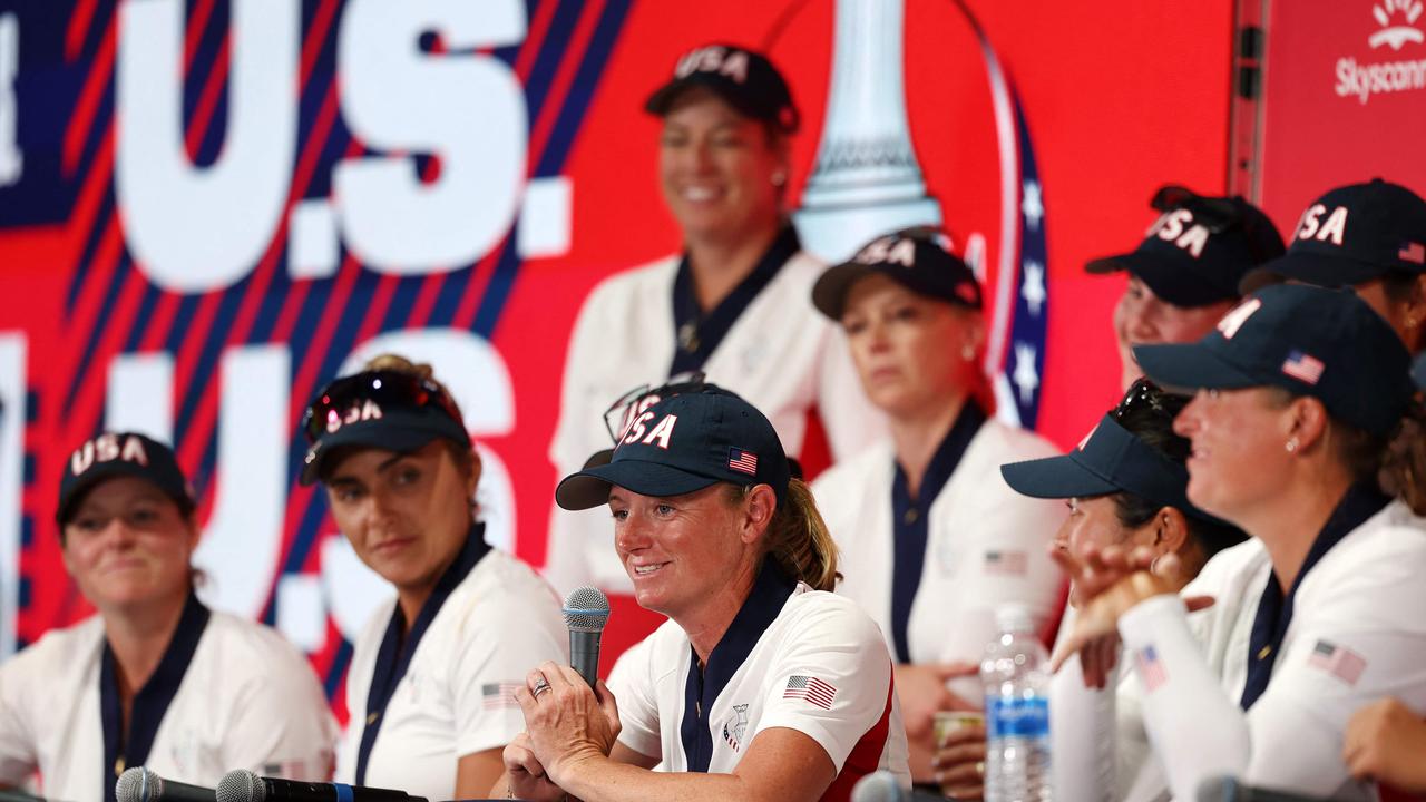 GAINESVILLE, VIRGINIA - SEPTEMBER 15: Team United States speaks during a press conference after winning The Solheim Cup during the final round of the Solheim Cup 2024 at Robert Trent Jones Golf Club on September 15, 2024 in Gainesville, Virginia. Scott Taetsch/Getty Images/AFP (Photo by Scott Taetsch / GETTY IMAGES NORTH AMERICA / Getty Images via AFP)