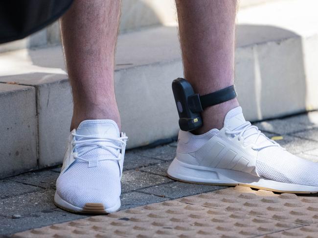 ADELAIDE/ KAURNA YARTA, AUSTRALIA - NewsWire Photos FEBRUARY 13, 2024: Ankle bracelets for electronic monitoring by police are seen being worn outside of Adelaide Magistrates Court. Picture: NCA NewsWire / Morgan Sette