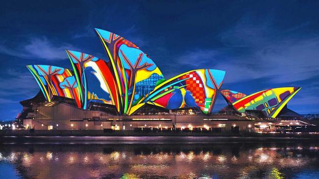 SONGLINES: Artwork by local artist Karla Dickens as it may look in the Sydney Opera House during the Vivid Sydney Festival 2016. Picture: Contributed