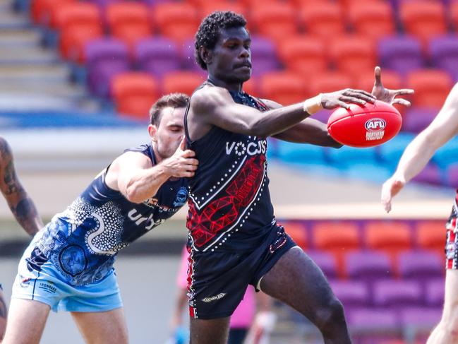 Tiwi Bombers young gun Karlson Kantilla is one of the frontrunners for the NTFL Rising Star Award this season. Picture: Celina Whan