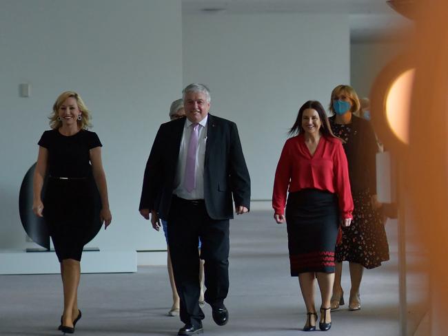 Greens Senator Larissa Waters and Senate crossbench members Rex Patrick and Jacqui Lambie arrive to speak to media in the Press Gallery at Parliament House today. Picture: Getty Images