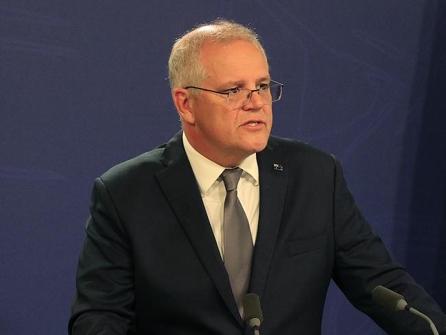 SYDNEY, AUSTRALIA - MARCH 05: Prime Minister Scott Morrison speaks during a press conference on March 05, 2021 in Sydney, Australia. Sex Discrimination Minister Kate Jenkins has been appointed to lead a review into workplace culture at Parliament House. The review comes after former Liberal staffer Brittany Higgins came forward with allegations that she was raped by a colleague in Parliament House in 2019. (Photo by Mark Evans/Getty Images)