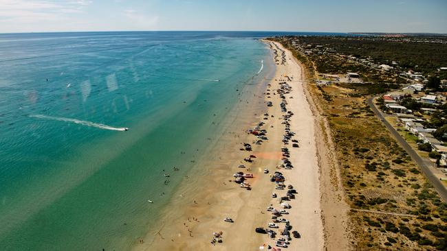 The Beach at Aldinga and Silver Sands is packed with cars on Sunday, January 10. Picture: Morgan Sette