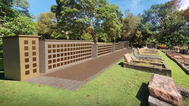 An artist's impression of the proposed 23-metre long columbarium, a wall that can accommodate the ashes of 600 people at Manly Cemetery. Picture: Northern Beaches Council