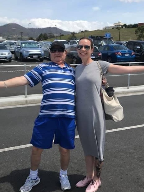 Louise Paine, 37, and her dad David Porthouse who passed away aged 66. Ms Paine wasn't allowed into Tasmania for the funeral because she is currently living in Victoria.