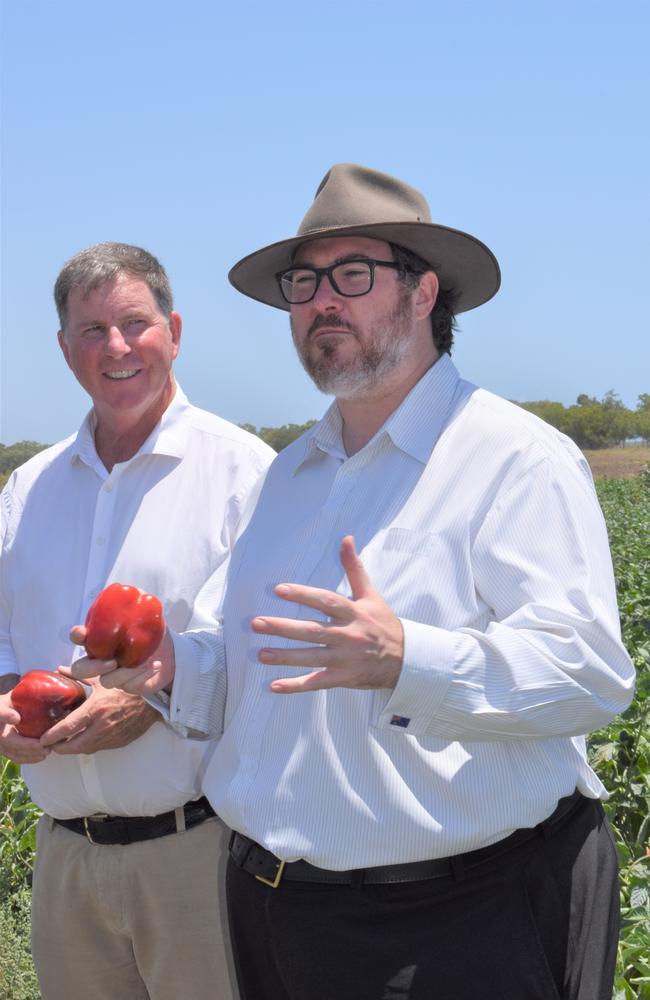 Bowen Pipeline Company chairman Brent Finlay, and Dawson MP George Christensen at Walker Farms on Tuesday, October 12, 2021. Picture: Kirra Grimes