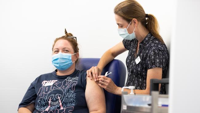 A nurse administers the AstraZeneca COVID-19 vaccine to a patient at the Austin Hospital on March 17, 2021 in Melbourne. Picture: Getty Images