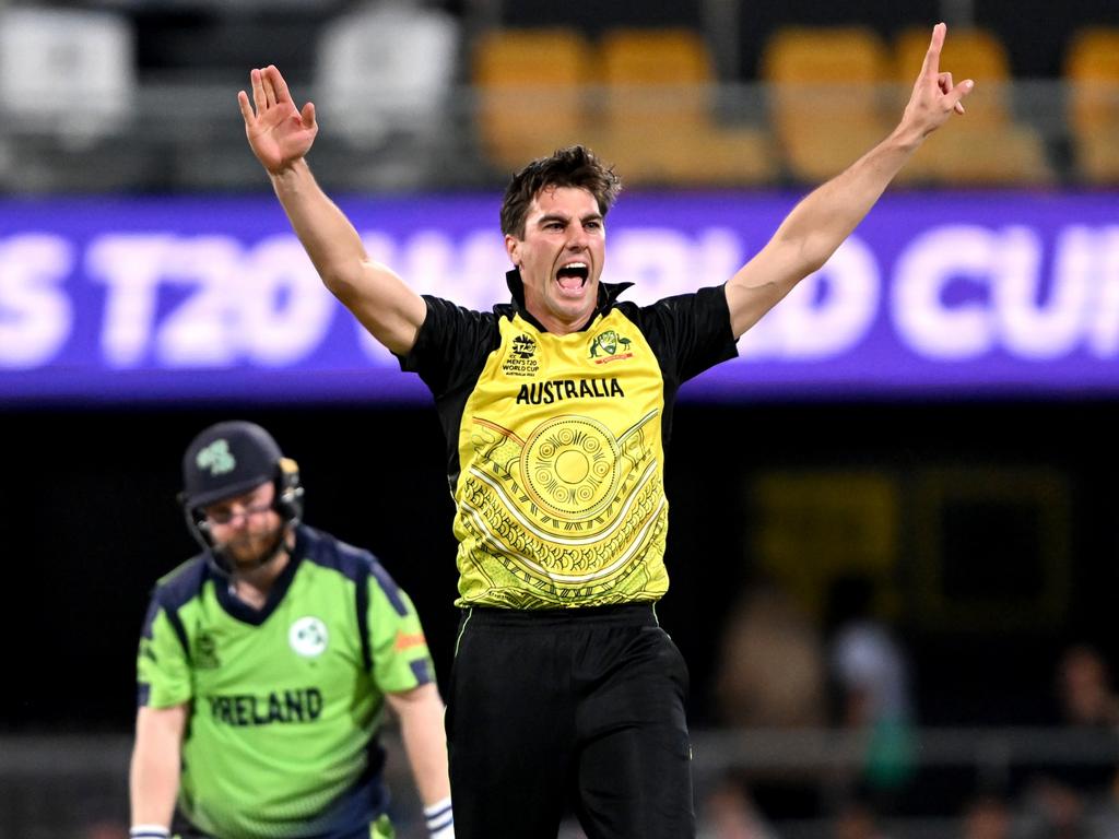 BRISBANE, AUSTRALIA - OCTOBER 31: Pat Cummins of Australia unsuccessfully appeals to the umpire during the ICC Men's T20 World Cup match between Australia and Ireland at The Gabba on October 31, 2022 in Brisbane, Australia. (Photo by Bradley Kanaris/Getty Images)