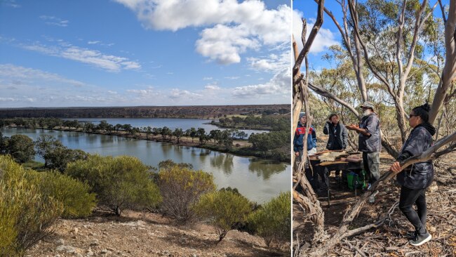 Ivy and Sam with some amazing artefacts and the Murray River as it stands today.    Image: Elizabeth Macri.