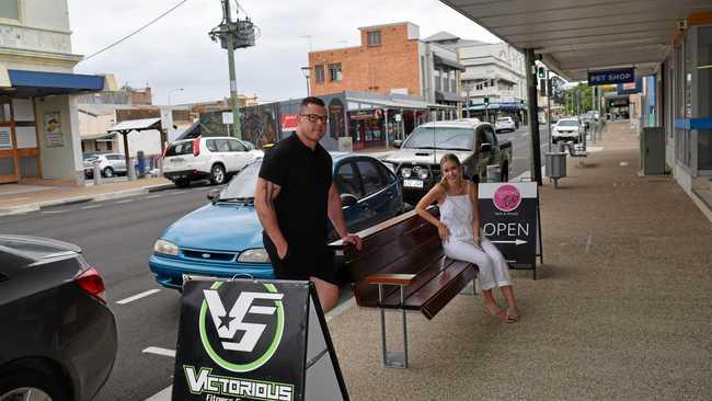 NEW ROAD, NEW LOOK: Admiring the new Bazaar St streetscape were Victorious Fitness Supplements manager Corey Sharp and Addicted to B owner Brittany Johnston. Picture: Boni Holmes