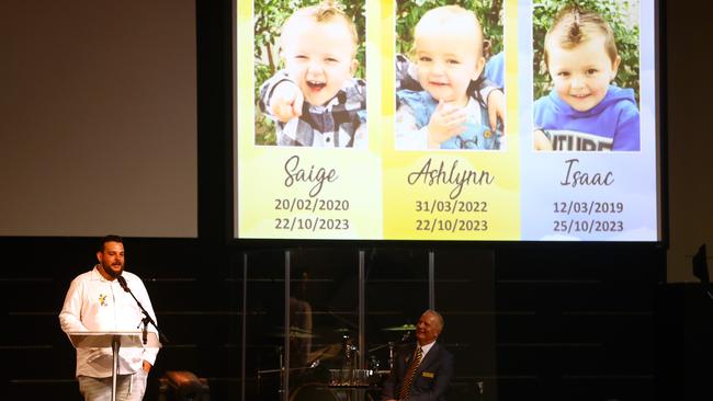 Uncle Anthony McGregor of Isaac, Ashlynn and Saige who were killed in a shed fire in Corio, speaks at their funeral. Picture: Alison Wynd