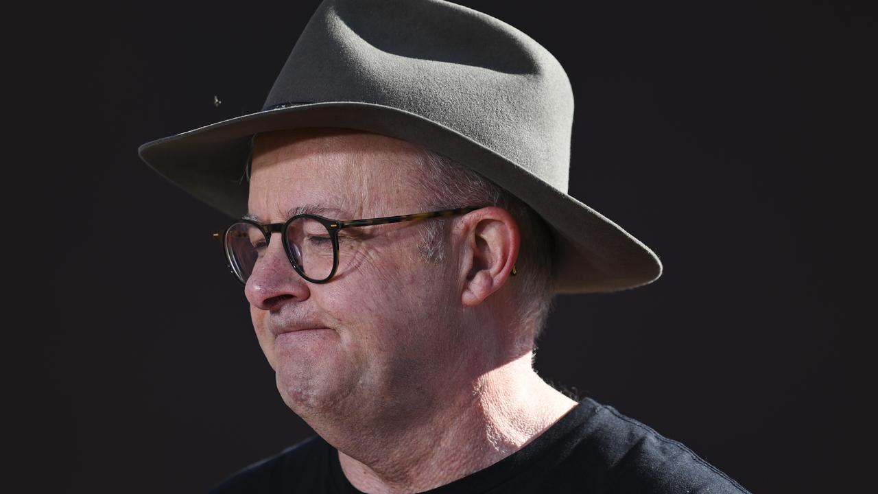 Prime Minister Anthony Albanese raising awareness about the Yes campaign in Uluru. Picture: NCA NewsWire / Martin Ollman