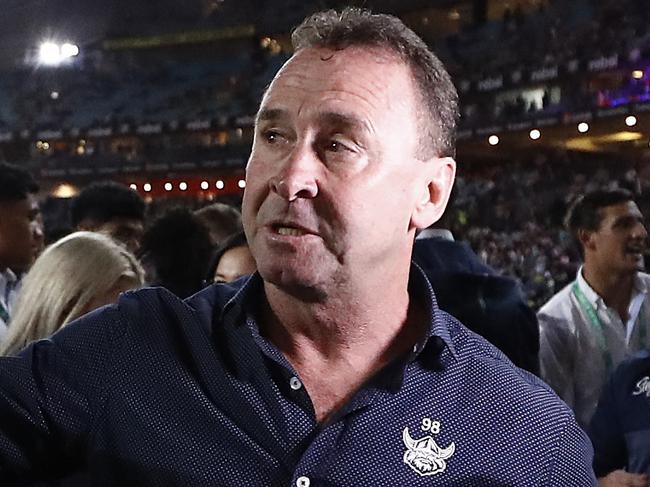 SYDNEY, AUSTRALIA - OCTOBER 06: Trent Robinson, coach of the Roosters,  is congratulated by Ricky Stuart, coach of the Raiders,  after the 2019 NRL Grand Final match between the Canberra Raiders and the Sydney Roosters at ANZ Stadium on October 06, 2019 in Sydney, Australia. (Photo by Ryan Pierse/Getty Images)