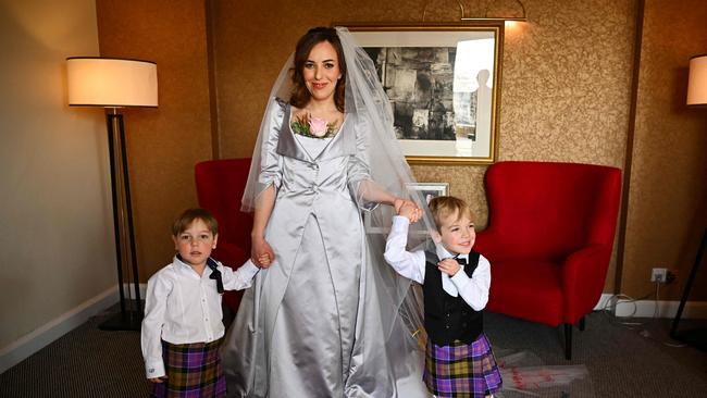 Stella Moris wearing her Vivienne Westwood designed wedding dress.