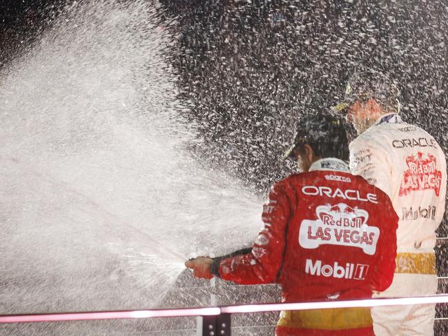 Race winner Max Verstappen celebrates on the podium. Picture: Chris Graythen/Getty Images