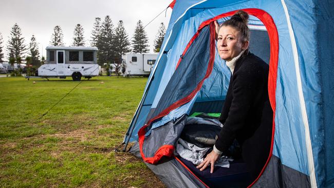 Meagan was living in a tent at West Beach Caravan Park and pleaded for help on Friday. Picture: Tom Huntley