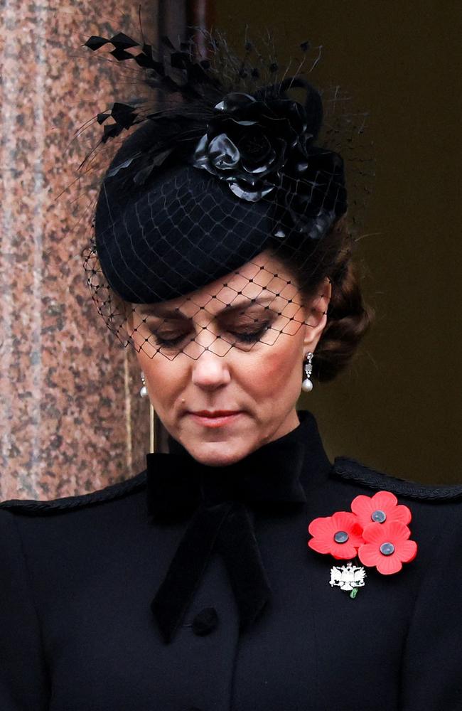 Catherine, Princess of Wales, attends the Remembrance Sunday ceremony at the Cenotaph on Whitehall in central London on November 10, 2024, the anniversary of the end of the First World War. Picture: AFP