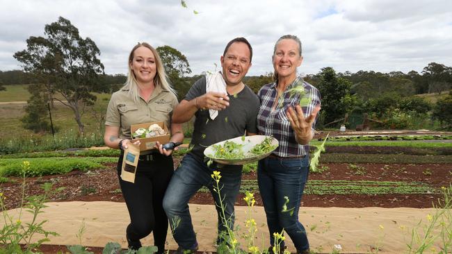 Madi Leicester, Alastair McLeod and Jacki Hinchey at Blue Dog Farm, Mount Mee. Picture Annette Dew