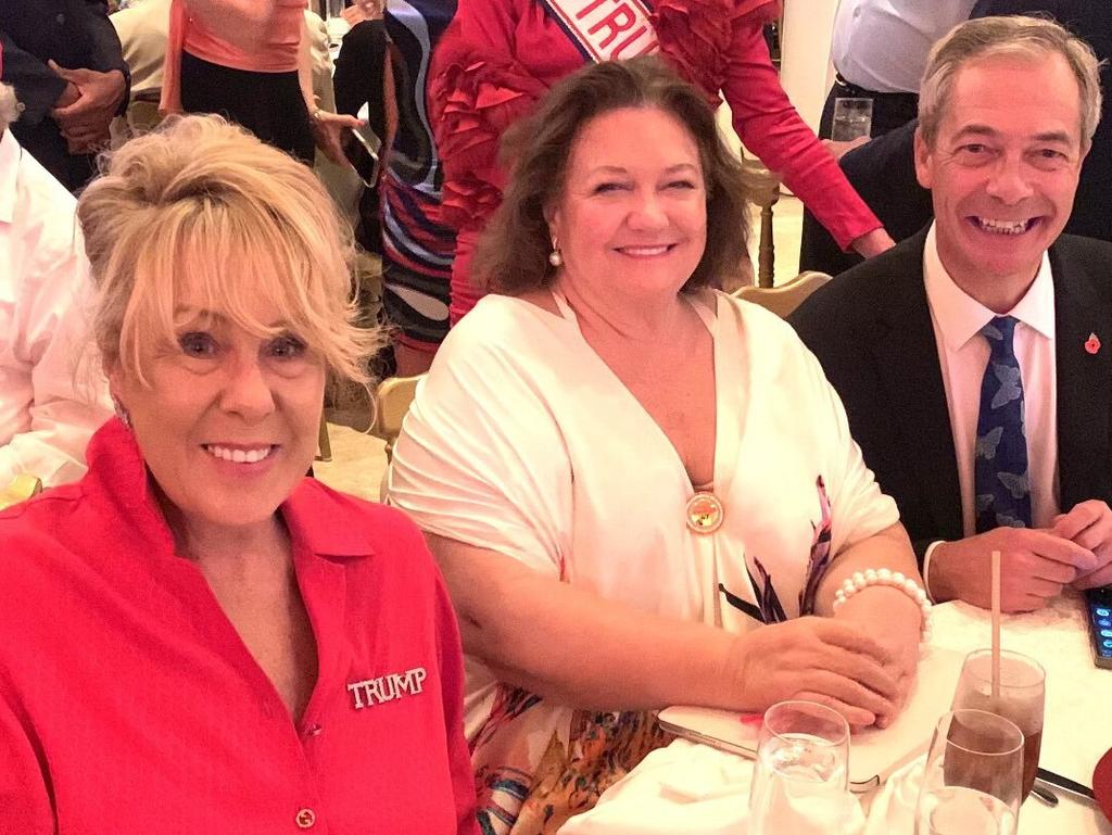 Former Liberal Party federal vice president Teena McQueen, Australian mining magnate Gina Rinehart and the leader of the conservative UK Reform party, Nigel Farage at Donald Trump’s election watch party at Mar-a-Lago.