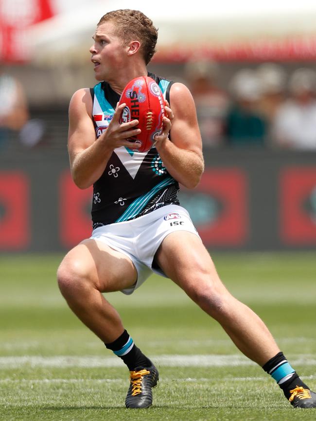 Dan Houston took his place in Port Adelaide’s midfield for the first time against the Saints in China. Picture: Michael Willson/AFL Photos