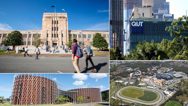 Clockwise from main: UQ, QUT, Griffith (Gold Coast), Bond and James Cook University.