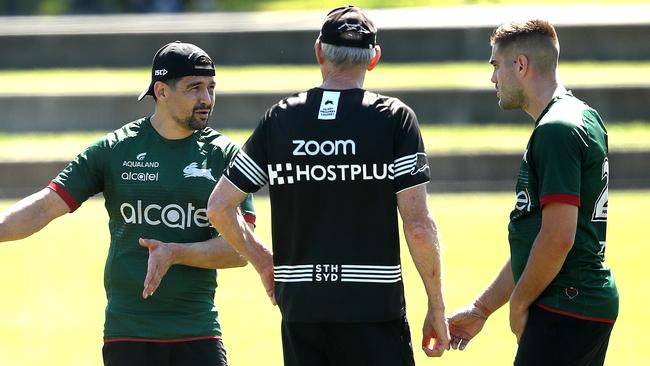 (L-R) Cody Walker, Wayne Bennett and Corey Allan have formed a dynamic combo. Picture: Phil Hillyard