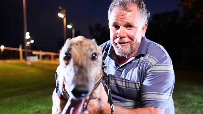 Greyhound trainer Anthony Bullock with greyhound Arnhem Villain.