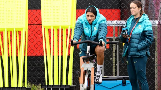 Matildas superstar captain Sam Kerr works out on an exercise bike during Sunday’s training session in Sydney. Picture: Brendon Thorne/Getty Images