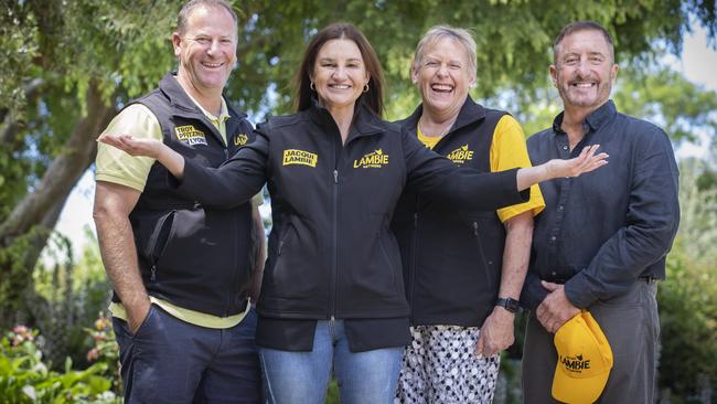 Senator Jacqui Lambie with Lambie Network Lyons candidates, (L-R) Troy Pfitzner, Lesley Pyecroft and Andrew Jenner at Richmond. Picture: Chris Kidd