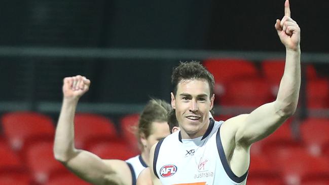 Jeremy Cameron celebrates his eighth goal during the last quarter on Saturday. Picture: Chris Hyde/Getty Images.