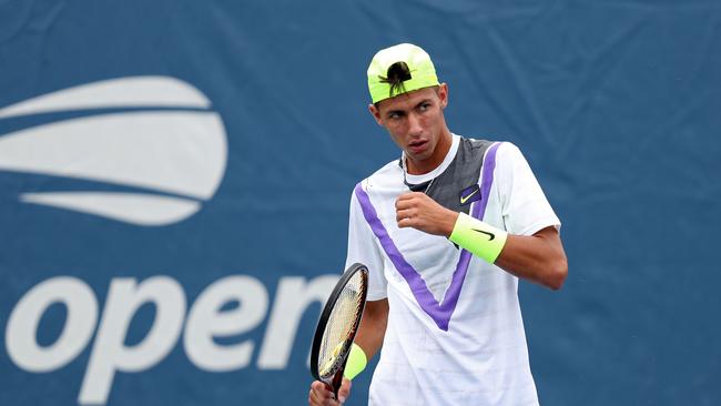 Alexei Popyrin reacts against Federico Delbonis of Argentina during their Men's Singles first round match on day two of the 2019 US Open.