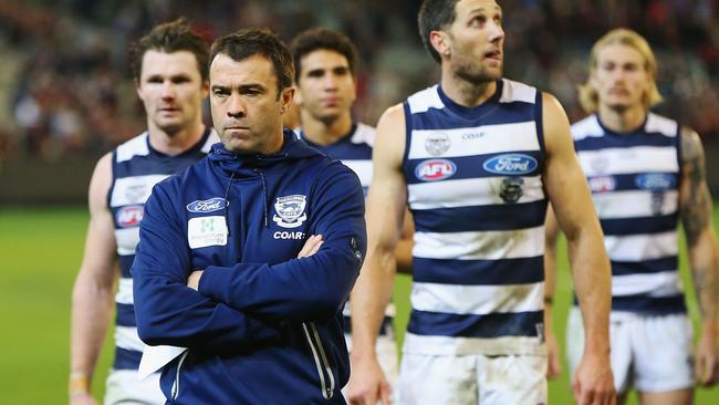 Chris Scott can’t hide his displeasure after Geelong’s loss to Essendon. Picture: Getty Images