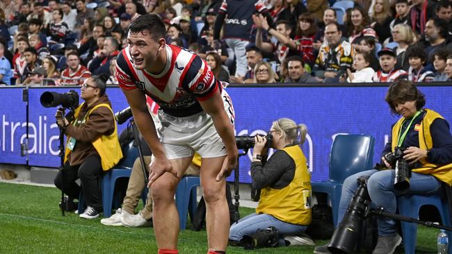 Joseph Manu was one of several stars to go down in Round 26, with the Roosters fullback hurting his hamstring and in doubt for their game against the Rabbitohs. Picture: NRL Images