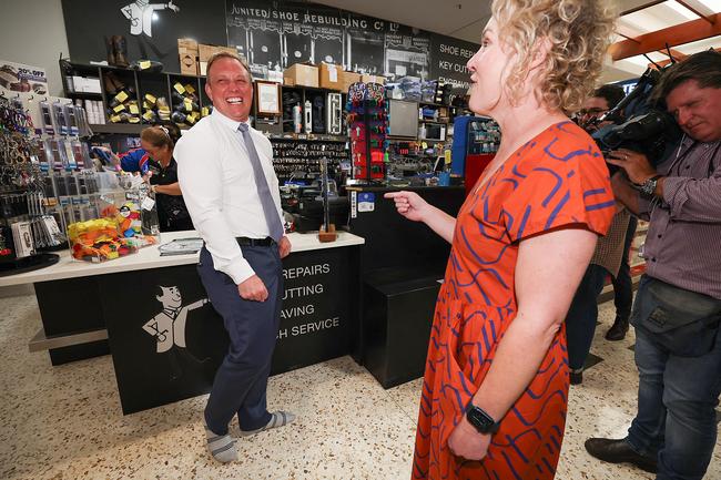 Queensland State Election coverage with the Queensland Premier Steven Miles. Steven visits Caneland Central where Scott Mauchline from Mister Minit cleans the Premiers shoes. Pics Adam Head