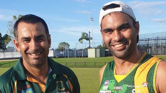 St Mary's coach Anthony Vallejo and joint skipper Raphael Clarke were all smiles at the club's last training session before tonight's 2019-20 Premier League grand final against Nightcliff. Picture: Grey Morris