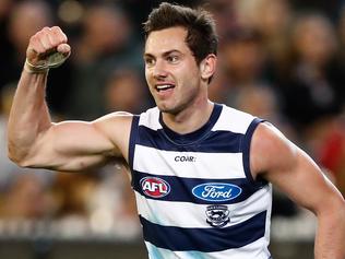 MELBOURNE, AUSTRALIA - SEPTEMBER 15: Daniel Menzel of the Cats celebrates a goal during the 2017 AFL Second Semi Final match between the Geelong Cats and the Sydney Swans at the Melbourne Cricket Ground on September 15, 2017 in Melbourne, Australia. (Photo by Adam Trafford/AFL Media/Getty Images)