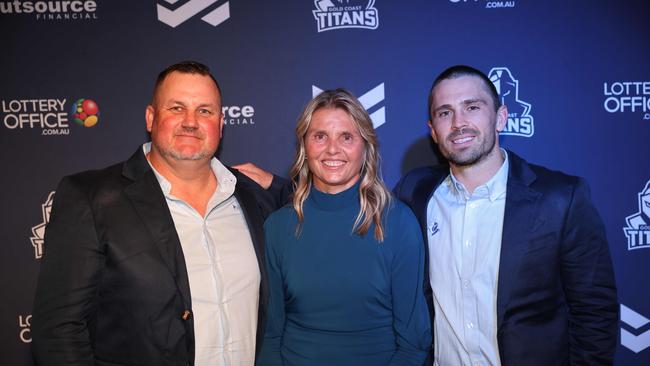 Tim Mcintyre, Karryn Murphy and Aaron Booth at the Gold Coast Titans NRLW 2025 Season Launch at Isoletto The Star Gold Coast. Picture, Portia Large.