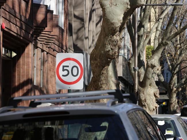 A 50km/h speed limit sign on Macleay Street, Elizabeth Bay, should have a 40km/h limit – but no-one has changed the signs. Photo: Tim Pascoe